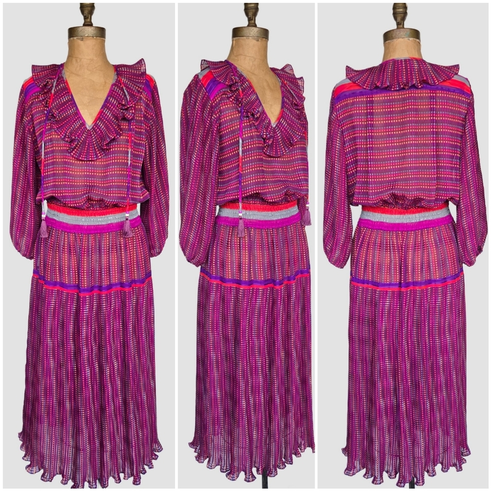 Vintage Diane Fres Sunset Pink Purple Pleat Dress